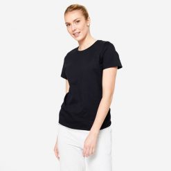 Koszulka damska Domyos Gym & Pilates. Niebieskie bluzki damskie DOMYOS, xl, bez wzorów, z bawełny, bez kołnierzyka, bez ramiączek. Za 39.99 zł.