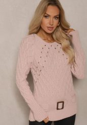 Jasnoróżowy Sweter z Ozdobnym Paskiem i Splotem Vittella. Czerwone swetry klasyczne damskie Renee, m, z jeansu, bez kołnierzyka. Za 109.99 zł.