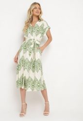 Zielono-Beżowa Taliowana Sukienka Boho z Wiskozą Wiązana w Talii Paskiem Losofia. Zielone sukienki damskie Born2be, z aplikacjami, z wiskozy, boho, bez ramiączek. Za 169.99 zł.