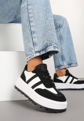 Czarno-Białe Sneakersy na Tłoczonej Platformie z Ozdobnymi Paskami Fonivena. Czarne obuwie sportowe damskie Renee, z jeansu, bez zapięcia. Za 89.99 zł.