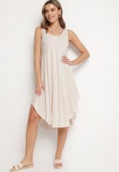 Jasnobeżowa Rozkloszowana Sukienka z Bawełny Tesaxelle. Brązowe sukienki damskie Born2be, bez wzorów, z bawełny, eleganckie, bez ramiączek. Za 49.99 zł.