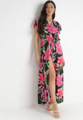 Czarno-Różowa Sukienka Auclair. Czarne sukienki damskie Born2be, z aplikacjami, z materiału, eleganckie, bez ramiączek. Za 179.99 zł.