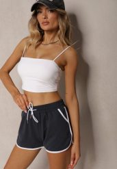 Granatowe Szorty Dresowe z Dodatkiem Bawełny High Waist Wykończone Lamówką Mivorina. Niebieskie spodenki sportowe damskie Renee, l, bez wzorów, z bawełny, z podwyższonym stanem. Za 24.99 zł.