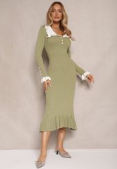 Zielona Sukienka Retro z Dzianiny z Wiskozą Zdobiona Kołnierzykiem Zihanne. Zielone sukienki damskie Renee, z aplikacjami, z dzianiny, retro, bez ramiączek. W wyprzedaży za 119.99 zł.