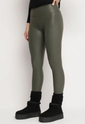 Ciemnozielone Legginsy z Ekoskóry z Wysokim Stanem i Polarem Labira. Zielone legginsy damskie Born2be, l, z aplikacjami, z jeansu. Za 34.99 zł.