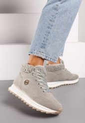 Szare Sneakersy na Platformie z Barankiem i i Błyszczącą Aplikacją Irithnae. Szare obuwie sportowe damskie Renee, na zimę, z dzianiny, bez zapięcia. Za 89.99 zł.