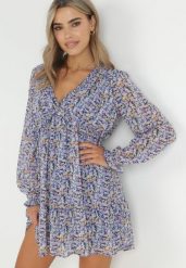 Niebiesko-Fioletowa Sukienka Mini z Falbanką i Gumką w Pasie Annis. Niebieskie sukienki damskie Born2be, bez wzorów, eleganckie, bez ramiączek. Za 89.99 zł.