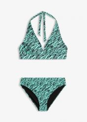 Szybkoschnące bikini z dekoltem typu halter (2 części). Zielone bikini bonprix, bez wzorów. Za 92.99 zł.