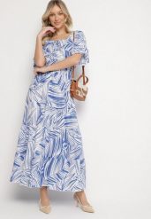 Niebieska Bawełniana Sukienka Rozkloszowana w Liście Alaniva. Niebieskie sukienki damskie Born2be, bez wzorów, z bawełny, eleganckie, bez ramiączek. Za 69.99 zł.