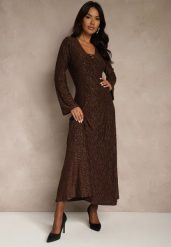 Brązowa Rozkloszowana Sukienka Longsleeve w Zebrę Zdobiona Brokatem Mevilisa. Brązowe sukienki damskie Renee, z aplikacjami, klasyczne, bez ramiączek. Za 169.99 zł.