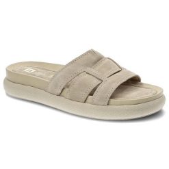 Klapki damskie Nessi, naturalna skóra zamszowa z szerokimi paskami na cholewce profilowaną wkładką, bez, 22213-W4. Brązowe klapki damskie Nessi, bez wzorów, ze skóry, bez obcasa, bez zapięcia. Za 229.00 zł.