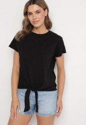 Czarny T-shirt z Bawełny z Ozdobnym Wiązaniem Sunitra. Czarne t-shirty damskie Born2be, l, bez wzorów, z bawełny, bez kołnierzyka. Za 29.99 zł.