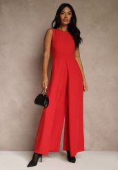 Czerwony Taliowany Kombinezon Ozdobiony Zakładkami Berinola. Czerwone sukienki damskie Renee, bez wzorów, eleganckie, bez ramiączek. Za 149.99 zł.