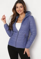 Niebieska Pikowana Kurtka z Kapturem i Zasuwanymi Kieszeniami Viven. Niebieskie kurtki damskie Born2be, xs, bez wzorów, z kapturem. Za 29.99 zł.