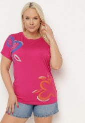 Ciemnoróżowy Klasyczny T-shirt z Bawełny Ozdobiony Nadrukiem i Cyrkoniami Kristinae. Czerwone t-shirty damskie Born2be, l, z aplikacjami, z bawełny, bez kołnierzyka. Za 29.99 zł.