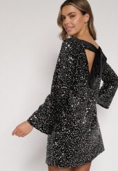 Srebrna Cekinowa Sukienka z Odkrytymi Plecami i Wiązaniem Diadina. Szare sukienki damskie Born2be, z aplikacjami, z elastanu, eleganckie, bez ramiączek. Za 169.99 zł.