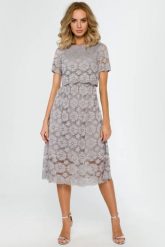 Sukienka koktajlowa koronkowa rozkloszowana w kwiaty szara. Szare sukienki damskie MOE, bez wzorów, z elastanu, eleganckie, bez ramiączek. Za 249.00 zł.