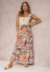 Beżowo-Różowa Sukienka Grayah. Brązowe sukienki damskie Renee, z aplikacjami, z tkaniny, boho, bez ramiączek. W wyprzedaży za 68.99 zł.