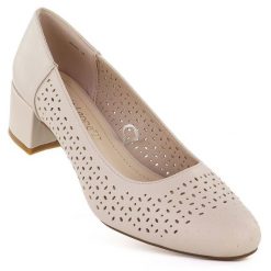 Czółenka damskie ażurowe na klocku beżowe Sergio Leone PB293. Brązowe czółenka damskie Sergio Leone, w ażurowe wzory, ze skóry ekologicznej, bez obcasa. Za 129.99 zł.