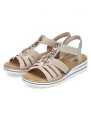 Rieker Sandały w kolorze beżowym rozmiar: 38. Brązowe sandały damskie Rieker, z aplikacjami, z otwartym noskiem, bez obcasa, na koturnie, bez zapięcia. Za 172.89 zł.