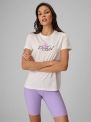 4F T-shirt regular z nadrukiem damski - biały M. Białe t-shirty damskie 4F, m, bez wzorów, z bawełny, bez kołnierzyka. Za 69.99 zł.