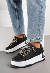 Czarne Sneakersy na Platformie Ozdobione Cyrkoniami Deomaria. Czarne obuwie sportowe damskie Renee, z jeansu, bez zapięcia. Za 79.99 zł.