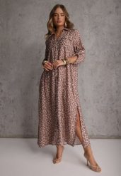 Beżowa Sukienka z Wiskozą o Koszulowym Kroju w Giraffe Print Braloria. Brązowe sukienki damskie Renee, bez wzorów, z wiskozy, klasyczne, bez ramiączek. Za 109.99 zł.