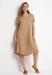 Ciemnobeżowa Rozkloszowana Wiskozowa Sukienka Trivoria. Brązowe sukienki damskie Born2be, bez wzorów, z materiału, eleganckie, bez ramiączek. Za 89.99 zł.