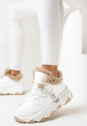 Białe Masywne Sneakersy na Grubej Podeszwie ze Sznurowaniem i Futerkiem Getnia. Białe obuwie sportowe damskie Born2be, bez zapięcia. Za 59.99 zł.