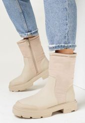 Beżowe Botki Sztyblety z Pikowaną Cholewką Emele. Brązowe botki damskie Born2be, z jeansu, eleganckie, bez obcasa, na obcasie, bez zapięcia. Za 169.99 zł.