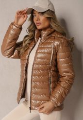 Ciemnobeżowa Kurtka Ozdobiona Pikowaniem z Odpinanym Kapturem Mivvera. Brązowe kurtki damskie Renee, l, bez wzorów, z jeansu. Za 79.99 zł.