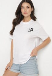 Biało-Niebieski Bawełniany T-shirt z Napisami Hallena. Białe t-shirty damskie Born2be, l, bez wzorów, z bawełny, bez kołnierzyka. Za 49.99 zł.