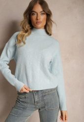 Jasnoniebieski Golf Sweter z Tłoczeniem i Ściągaczami Melovira. Niebieskie golfy damskie Renee, bez wzorów, bez ramiączek. Za 99.99 zł.