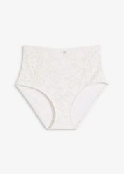 Figi shape, średni stopień modelowania sylwetki. Białe figi bonprix, bez wzorów, z koronki. Za 37.99 zł.