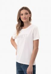 Bawełniany t-shirt z printem, Comfort Fit, T-MOMENTS. Białe t-shirty damskie Volcano, m, bez wzorów, z bawełny, bez kołnierzyka. Za 69.99 zł.