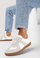 Szaro-Białe Sneakersy na Płaskiej Podeszwie z Ekoskóry ze Sznurowaniem Venioza. Białe obuwie sportowe damskie Born2be, bez zapięcia. Za 74.99 zł.