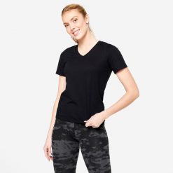 Koszulka z krótkim rękawem damska Domyos Gym & Pilates. Białe bluzki damskie NYAMBA, s, bez wzorów, z bawełny, bez kołnierzyka, bez ramiączek. Za 39.99 zł.