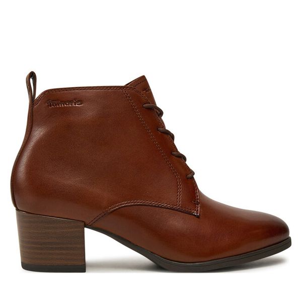 Trzewiki Tamaris. Brązowe botki damskie Tamaris, bez obcasa, na słupku, bez zapięcia. Za 409.99 zł.