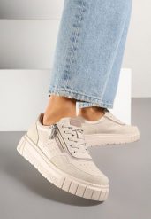 Beżowe Sneakersy Skórzane na Niskiej Platformie z Suwakiem Sorlane. Brązowe obuwie sportowe damskie Born2be, bez zapięcia. Za 169.99 zł.