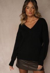 Czarny Sweter z Kaszmirem i Trójkątnym Dekoltem Plenne. Czarne swetry klasyczne damskie Renee, z kaszmiru, bez kołnierzyka. Za 139.99 zł.