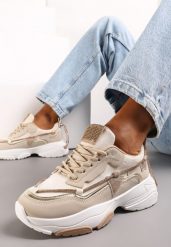 Beżowe Sneakersy z Cyrkoniami na Grubej Podeszwie Leinov. Brązowe obuwie sportowe damskie Renee, bez zapięcia. Za 109.99 zł.