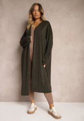 Zielony Kardigan z Wiskozą o Długim Kroju Zapinany na Guziki z Metaliczną NIcią Arkaria. Zielone kardigany damskie Renee, plus size, bez wzorów, z jeansu. Za 119.99 zł.