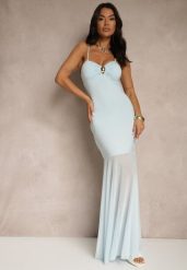 Niebieska Sukienka na Ramiączkach z Wiskozą z Siateczkowym Zdobieniem Savorielle. Niebieskie sukienki damskie Renee, z aplikacjami, z wiskozy, eleganckie, bez ramiączek. W wyprzedaży za 107.99 zł.