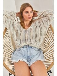 Bianco Lucci Sweter w kolorze beżowym rozmiar: onesize. Brązowe swetry klasyczne damskie Bianco Lucci, ze splotem, bez kołnierzyka. Za 43.88 zł.