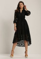 Czarna Sukienka Lepheis. Czarne sukienki damskie Renee, w ażurowe wzory, z koronki, eleganckie, bez ramiączek. W wyprzedaży za 125.99 zł.