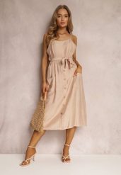 Beżowa Sukienka Hami. Brązowe sukienki damskie Renee, z aplikacjami, z materiału, eleganckie, bez ramiączek. W wyprzedaży za 63.99 zł.