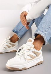 Biało-Beżowe Sneakersy przed Kostkę na Platformie z Wstawkami Losia. Brązowe obuwie sportowe damskie Renee, przed kostkę, bez zapięcia. Za 89.99 zł.