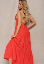 Czerwona Sukienka o Rozkloszowanym Fasonie Wiązana i Wykończona Gumką z Tyłu Hililena. Czerwone sukienki damskie Renee, bez wzorów, eleganckie, bez ramiączek. W wyprzedaży za 39.99 zł.