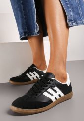 Czarno-Białe Płaskie Klasyczne Sneakersy ze Sznurowaniem i Ozdobnymi Paskami Azamia. Czarne obuwie sportowe damskie Born2be, z bawełny, bez zapięcia. Za 84.99 zł.