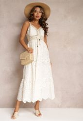 Beżowa Haftowana Sukienka z Bawełny na Cienkich Ramiączkach Ozdobiona Cekinami Helatia. Brązowe sukienki damskie Renee, z aplikacjami, z bawełny, boho, bez ramiączek. W wyprzedaży za 111.99 zł.